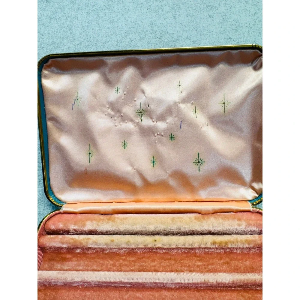 Vintage Farrington Jewelry Box Teal Blue Pink‎ Satin Mid Century Vanity Case